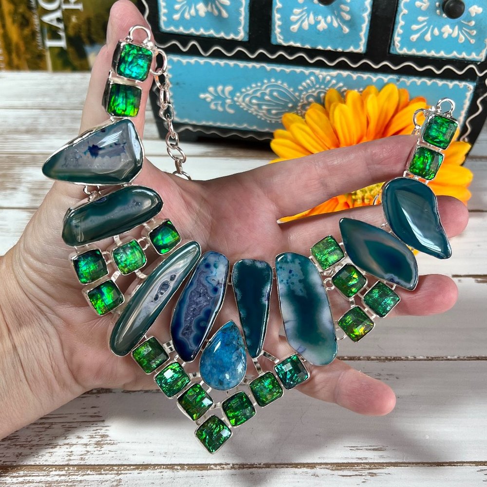 Solar Agate Necklace Triplet Opal Ocean Blue Large Handmade 925 Silver Boho New! - Picture 8 of 16